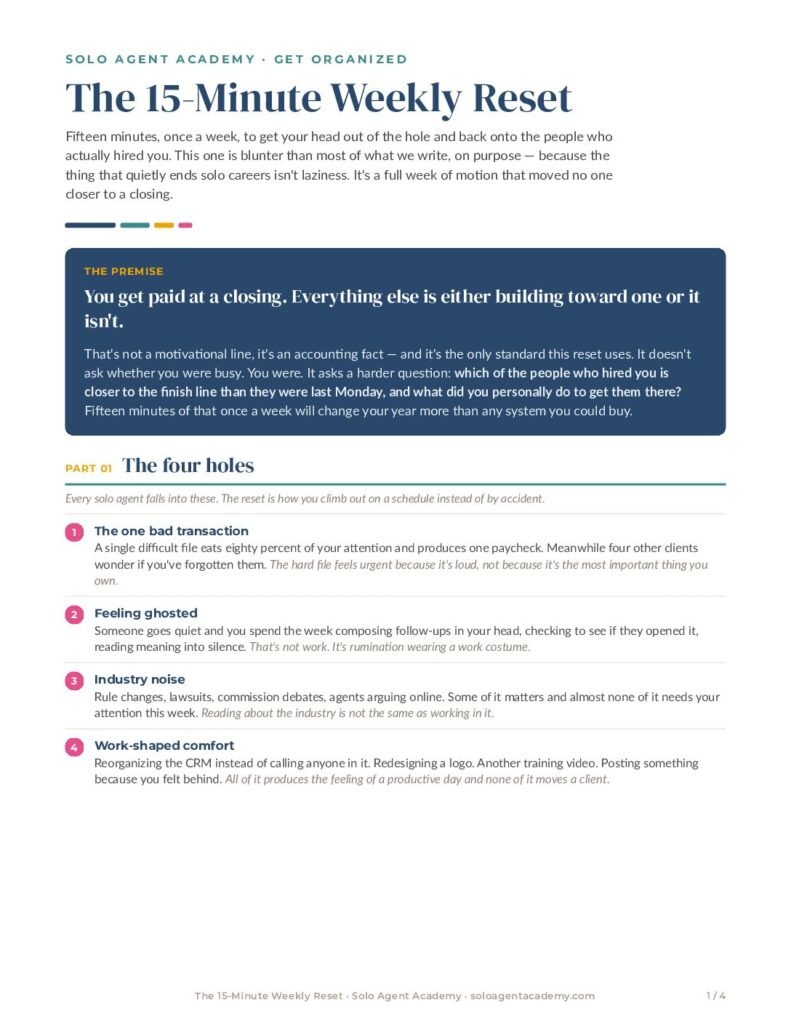 The 15-Minute Weekly Reset &mdash; free PDF download from Solo Agent Academy