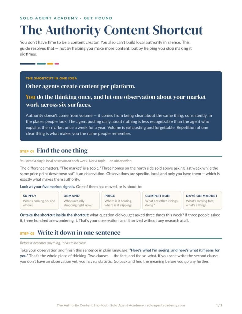 The Authority Content Shortcut &mdash; free PDF download from Solo Agent Academy
