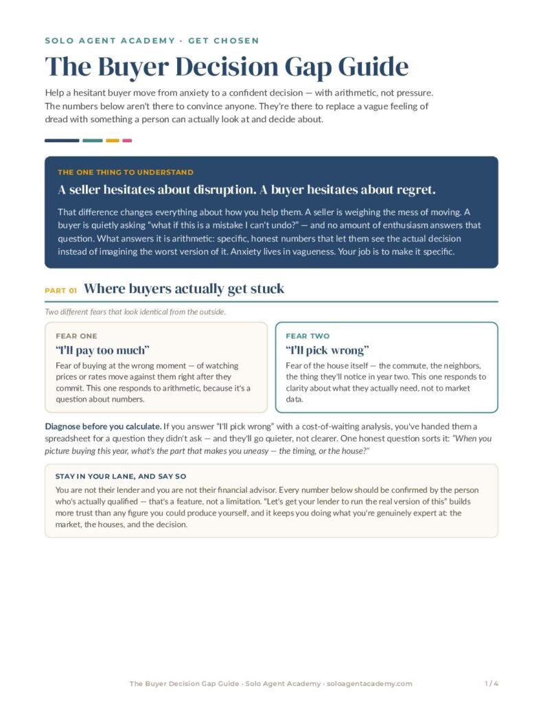 The Buyer Decision Gap Guide &mdash; free PDF download from Solo Agent Academy