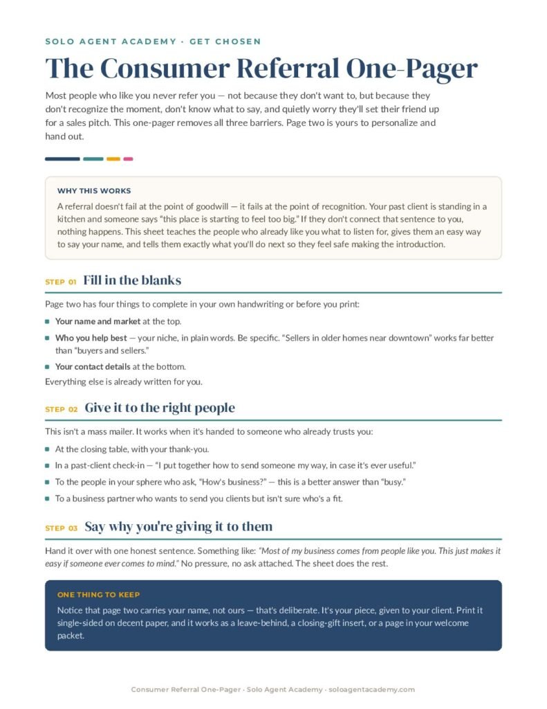 The Consumer Referral One-Pager &mdash; free PDF download from Solo Agent Academy