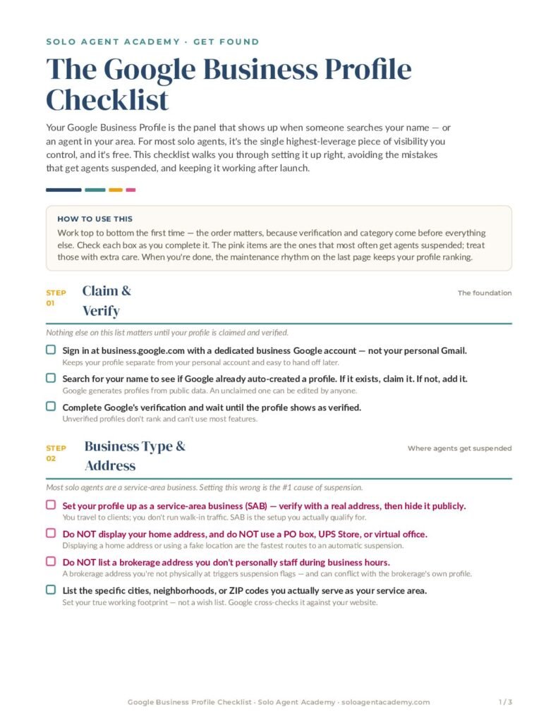The Google Business Profile Checklist &mdash; free PDF download from Solo Agent Academy