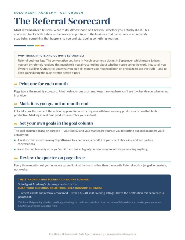 The Referral Scorecard &mdash; free PDF download from Solo Agent Academy