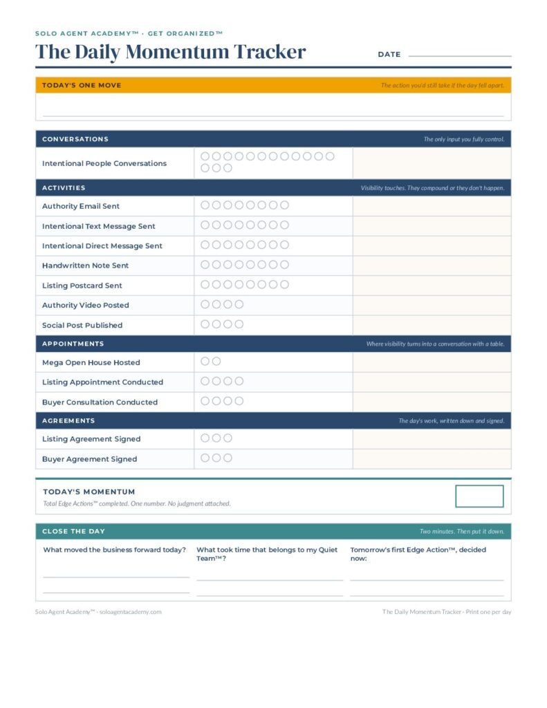 The Daily Momentum Tracker &mdash; free PDF download from Solo Agent Academy