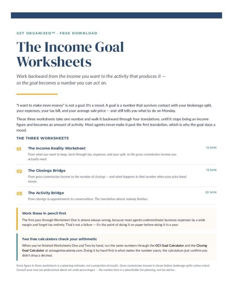 The Income Goal Worksheets &mdash; free PDF download from Solo Agent Academy