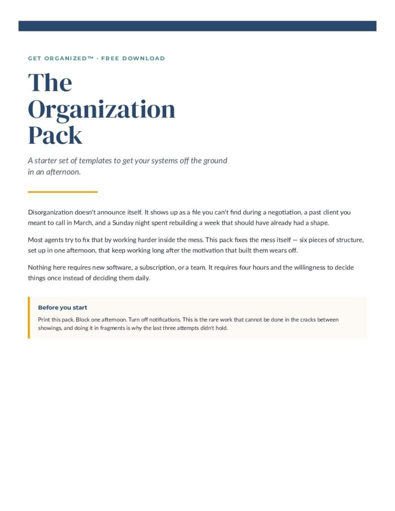 The Organization Pack &mdash; free PDF download from Solo Agent Academy