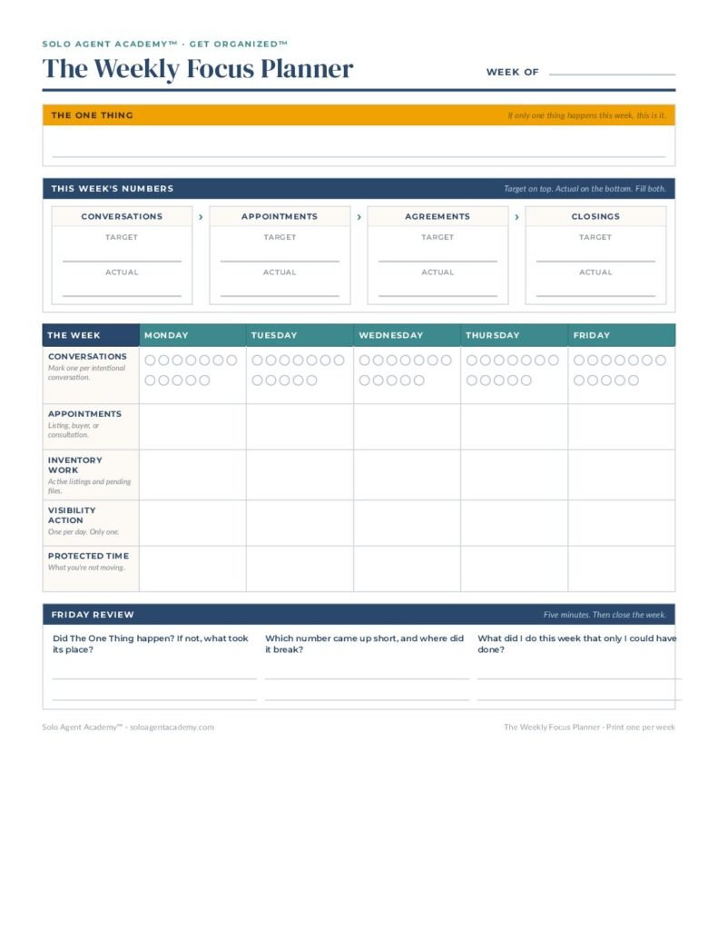 The Weekly Focus Planner &mdash; free PDF download from Solo Agent Academy