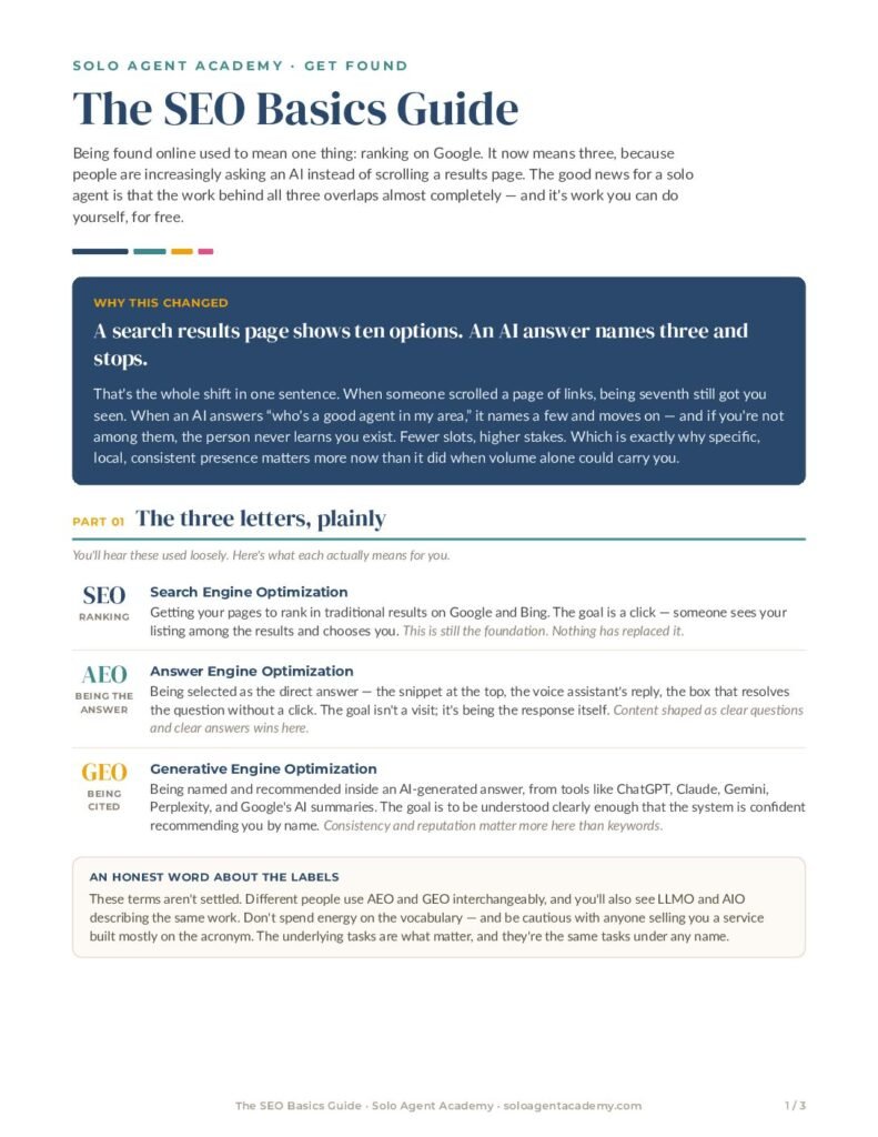 The SEO Basics Guide &mdash; free PDF download from Solo Agent Academy