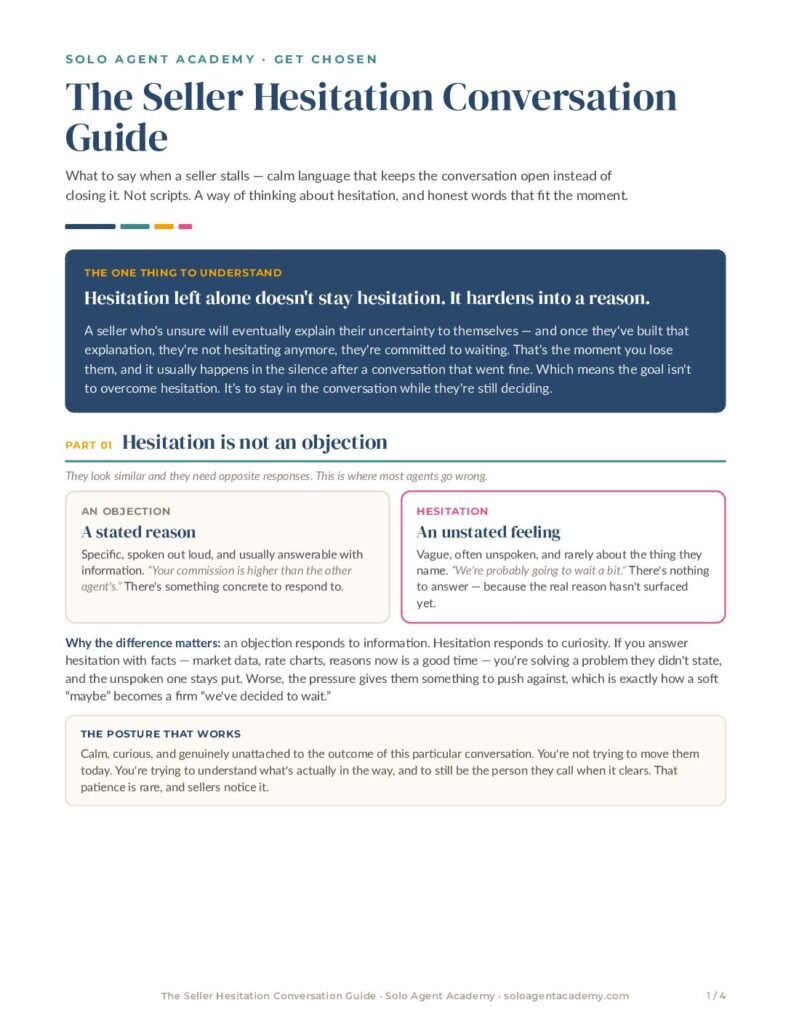 The Seller Hesitation Conversation Guide &mdash; free PDF download from Solo Agent Academy