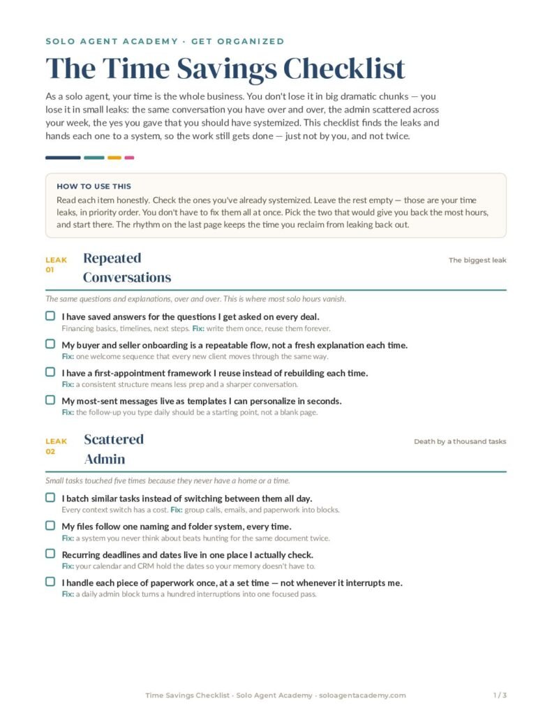 The Time Savings Checklist &mdash; free PDF download from Solo Agent Academy